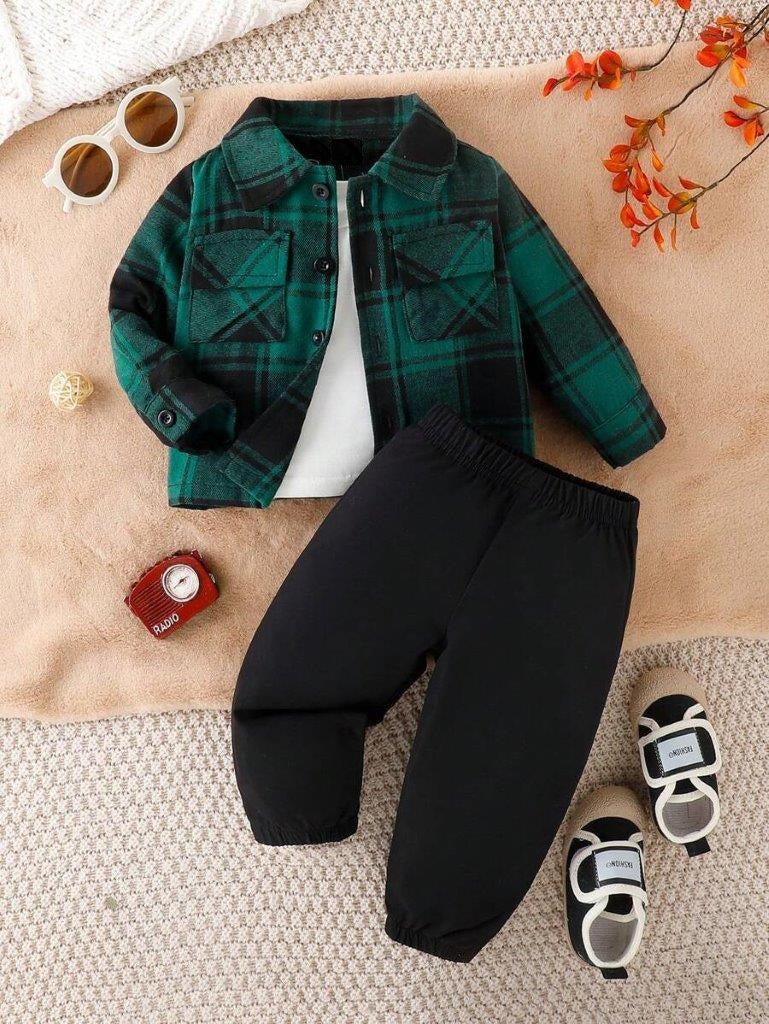 Baby Green Plaid Shirt With Pants Set