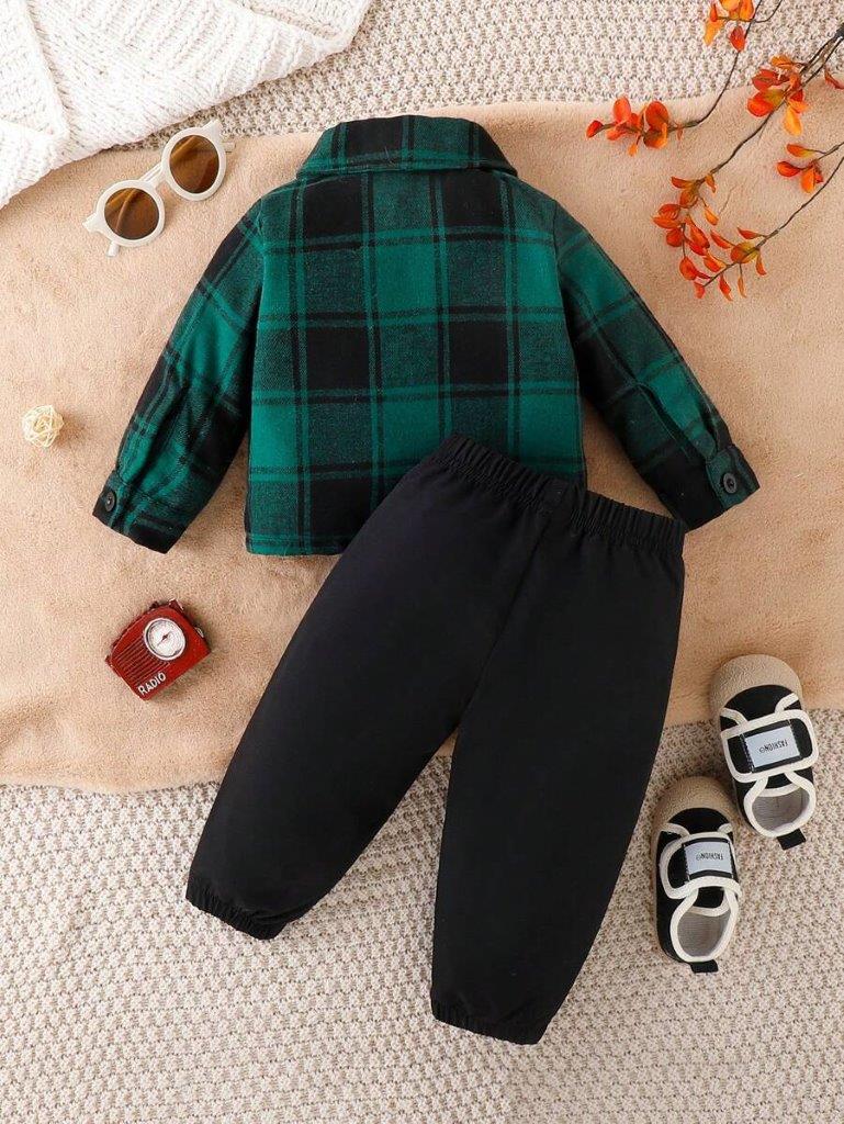 Baby Green Plaid Shirt With Pants Set