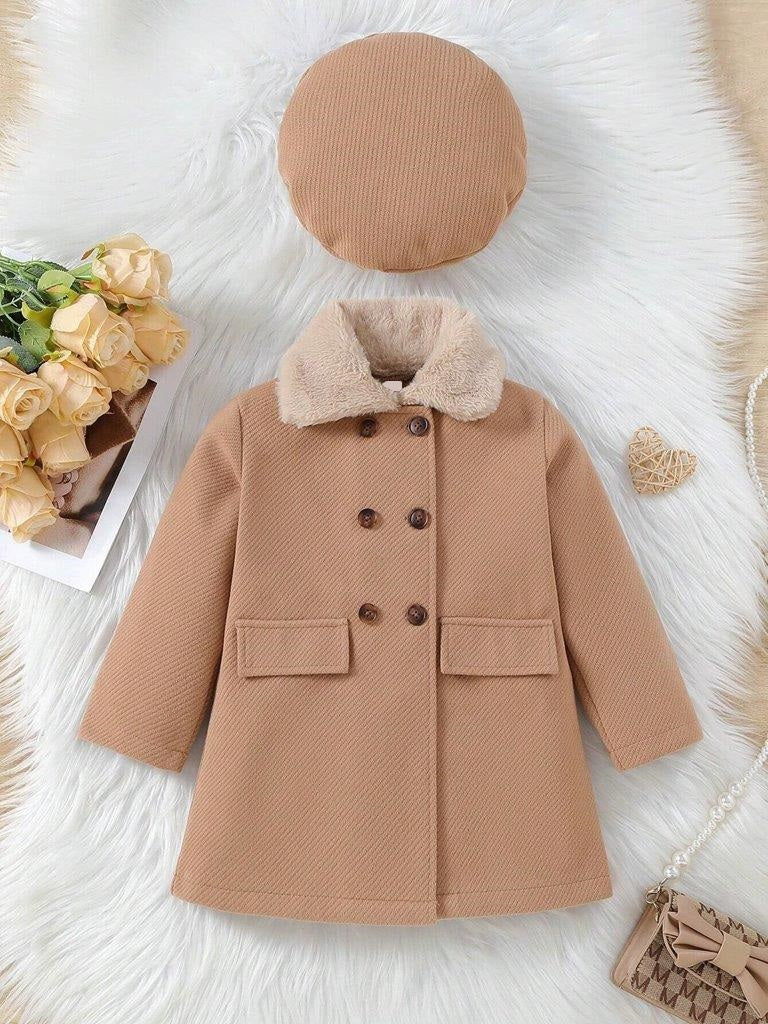 Toddler Girls Brown Woolen Coat With Hat