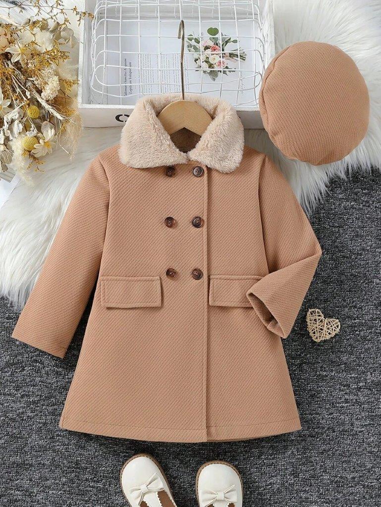 Toddler Girls Brown Woolen Coat With Hat