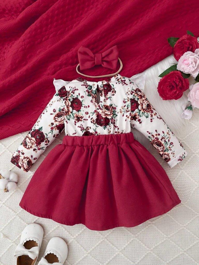 Baby Floral Print Side Bow Dress Set