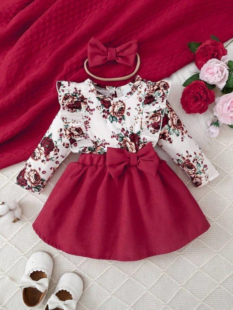 Baby Floral Print Side Bow Dress Set