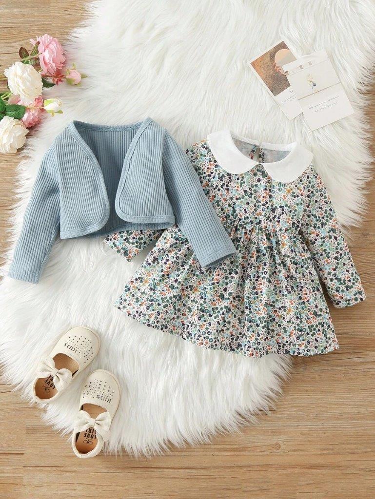 Baby Floral Peter Pan Color 2 Piece Dress Set