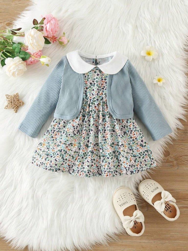 Baby Floral Peter Pan Color 2 Piece Dress Set