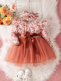 Baby Floral Print Belted Dress With Headband