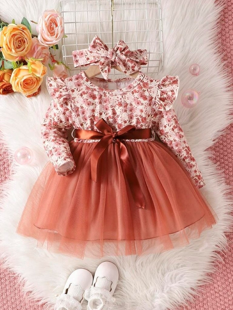 Baby Floral Print Belted Dress With Headband