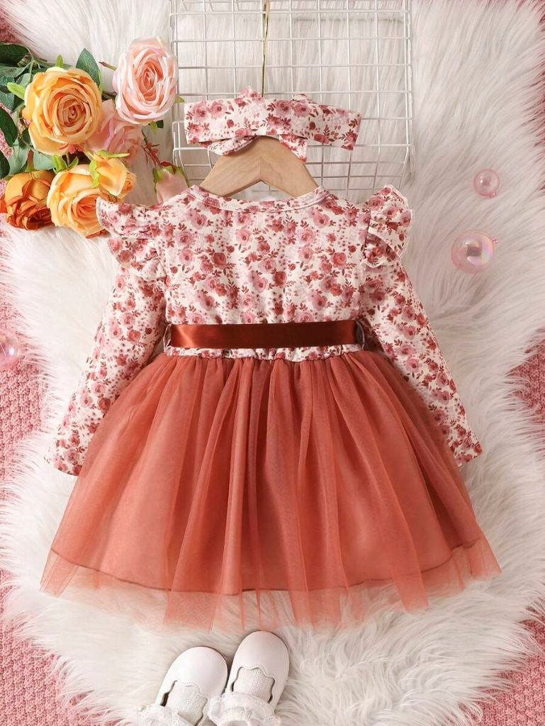 Baby Floral Print Belted Dress With Headband
