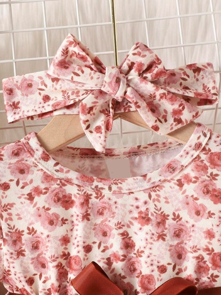 Baby Floral Print Belted Dress With Headband