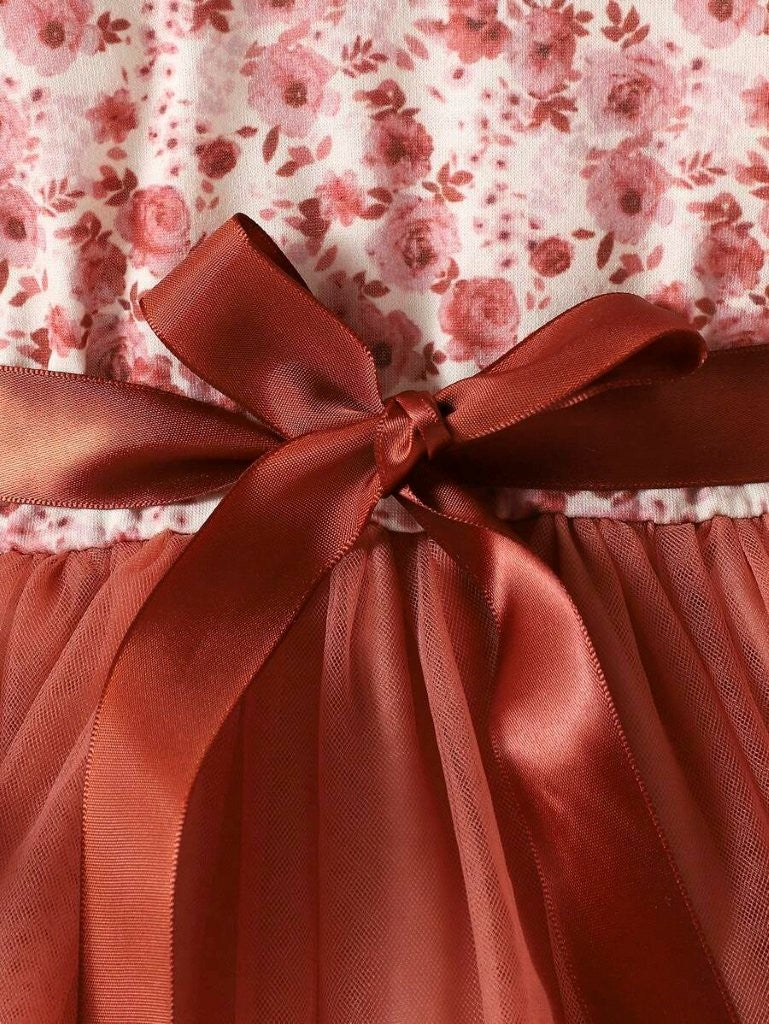 Baby Floral Print Belted Dress With Headband