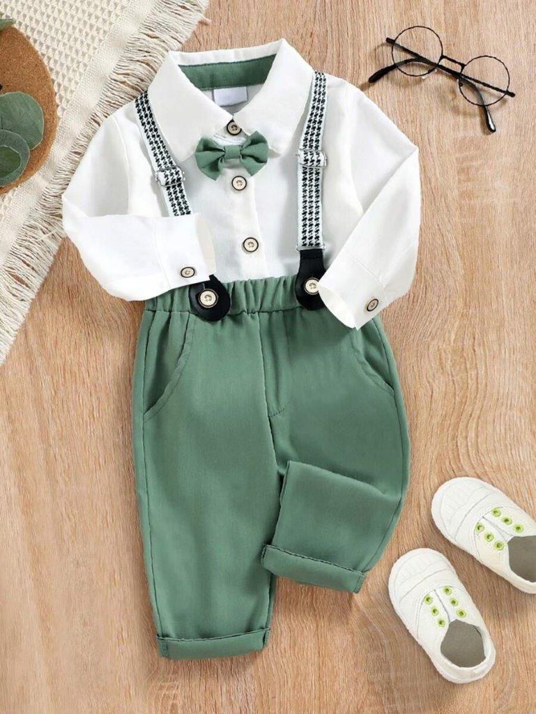 Baby 3 Piece Green Bow Tie Long Sleeve Suspender Set