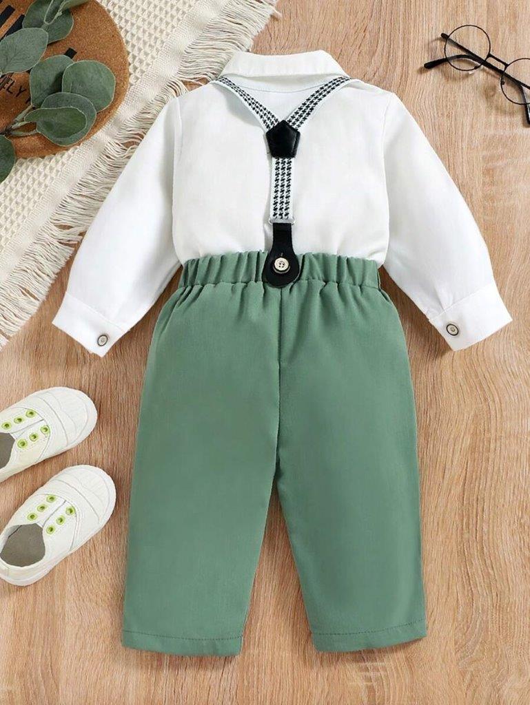 Baby 3 Piece Green Bow Tie Long Sleeve Suspender Set