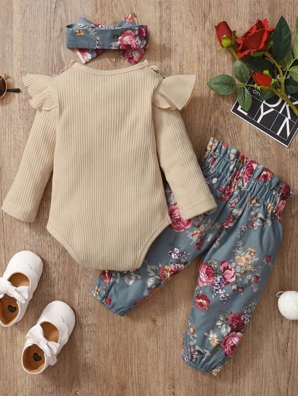 Baby Floral Ruffle Trim Bodysuit And Pants Set