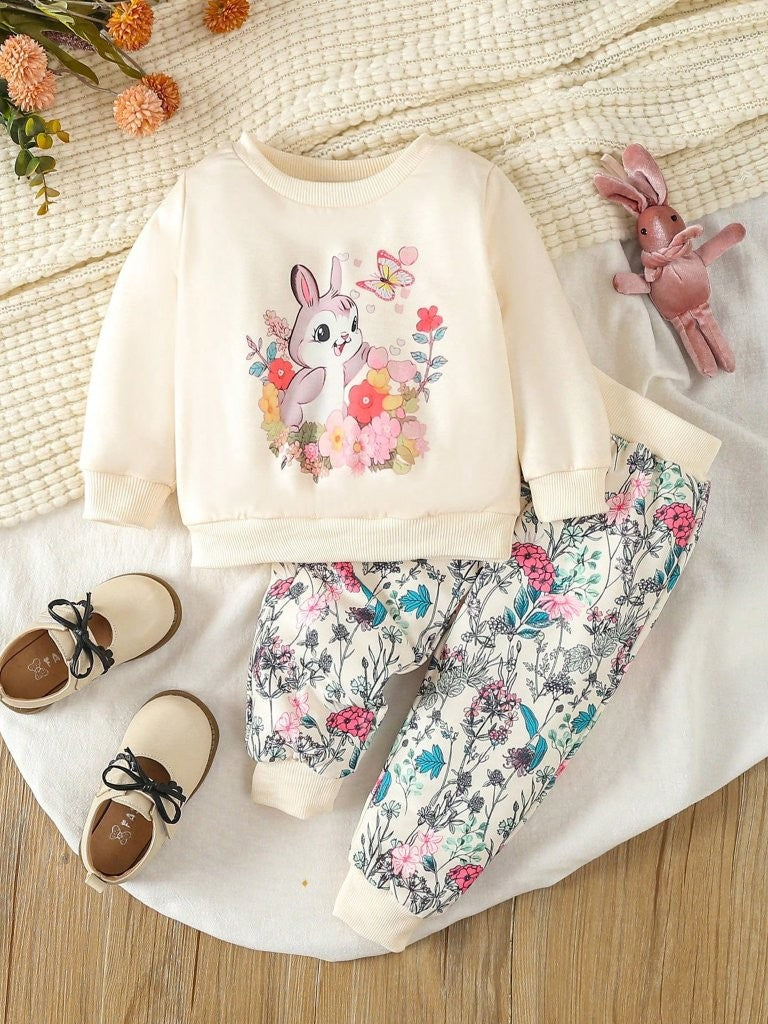 Baby Floral Rabbit Print Sweatshirt And Pants Set