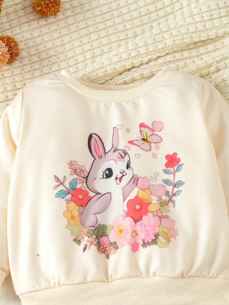 Baby Floral Rabbit Print Sweatshirt And Pants Set