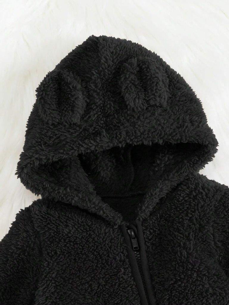Baby Black Zipper Hooded Teddy Jumpsuit