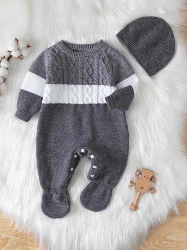 Baby Cable Knitted Jumpsuit And Beanie Grey