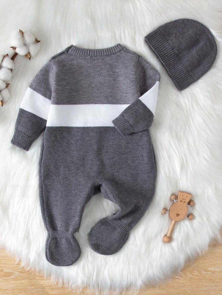 Baby Cable Knitted Jumpsuit And Beanie Grey