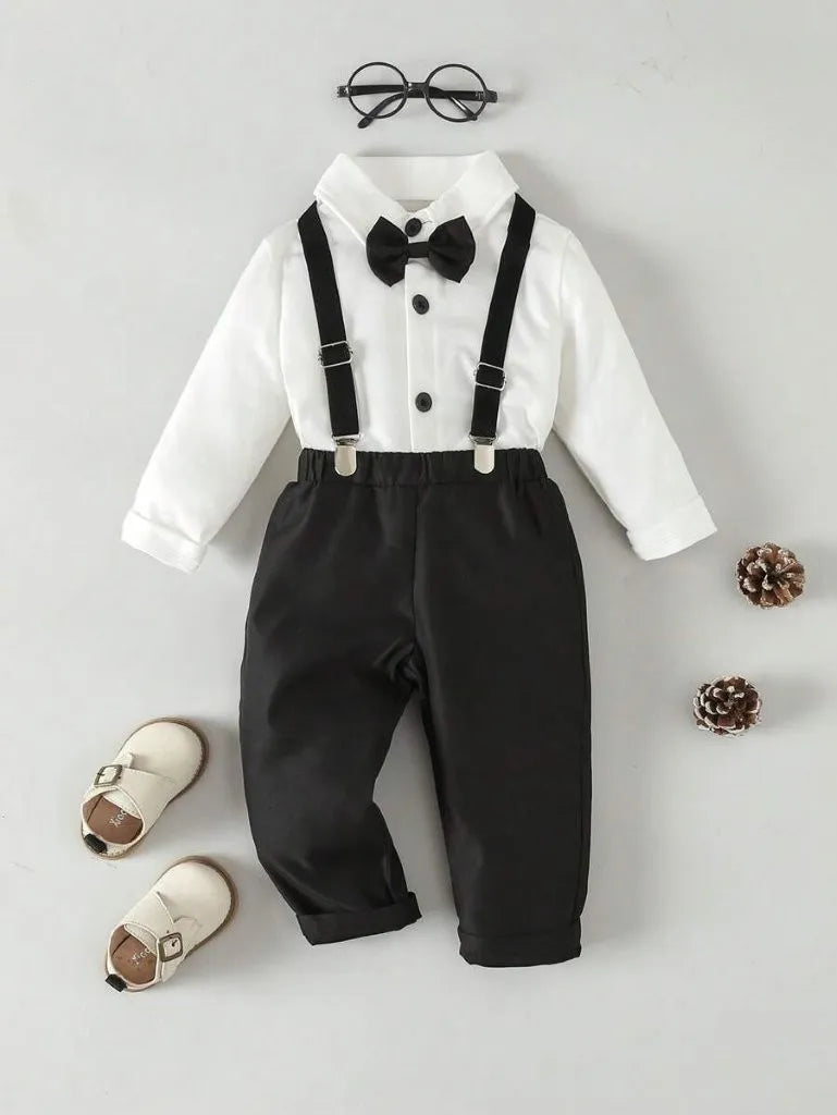 Baby 3 Piece Bow Tie Long Sleeve Suspender Outfit Black