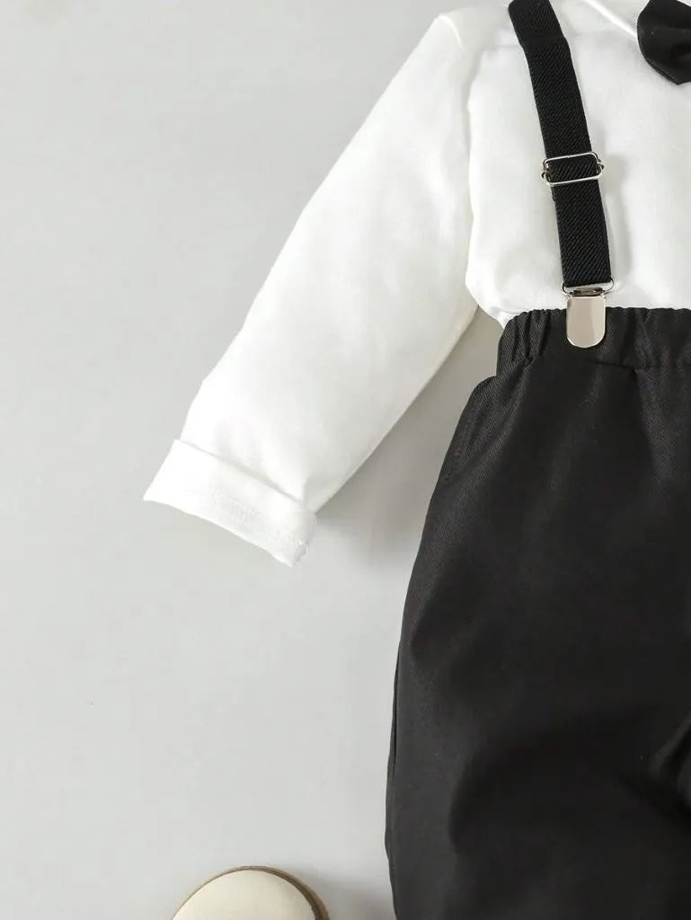 Baby 3 Piece Bow Tie Long Sleeve Suspender Outfit Black