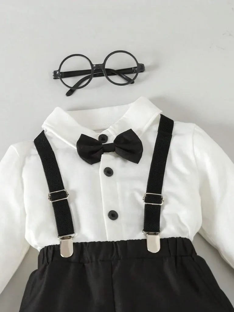 Baby 3 Piece Bow Tie Long Sleeve Suspender Outfit Black