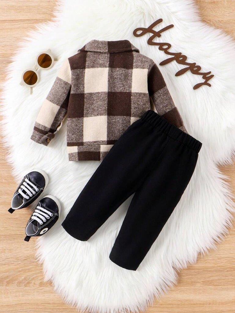 Baby Casual Plaid Overcoat Shirt With Pants Set
