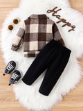 Baby Casual Plaid Overcoat Shirt With Pants Set