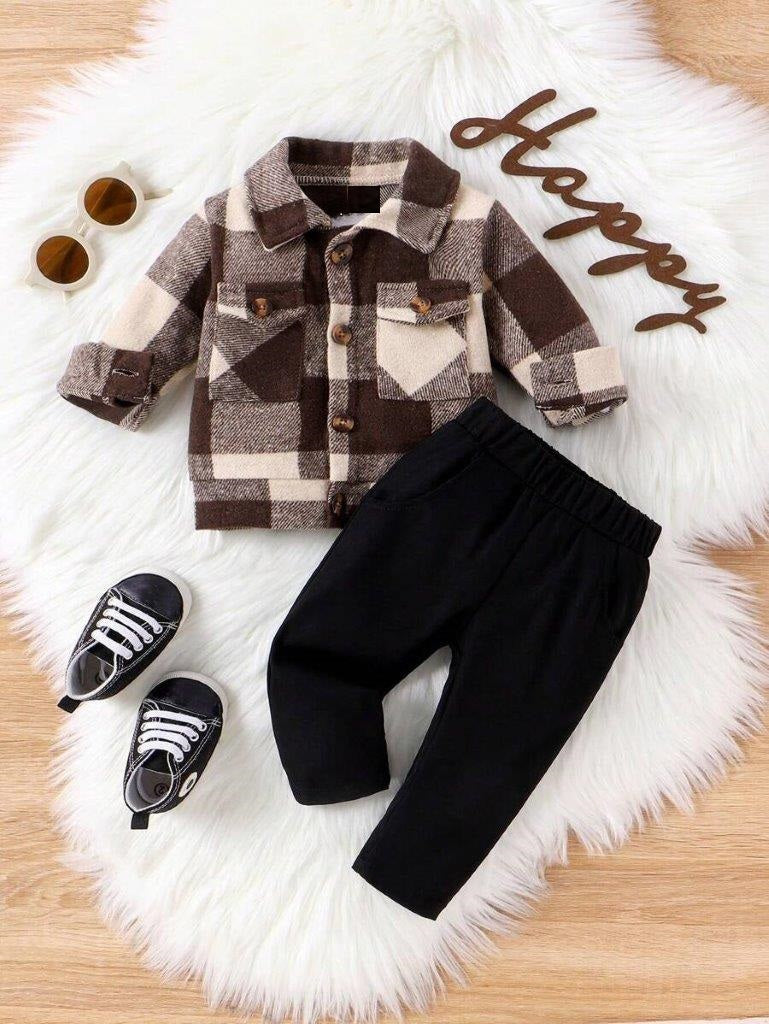 Baby Casual Plaid Overcoat Shirt With Pants Set