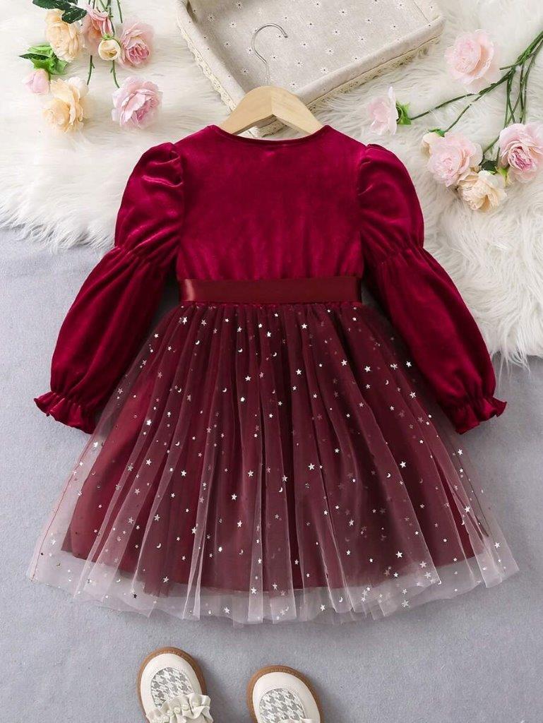 Toddler Girls Burgundy Velvet Sparkling Dress