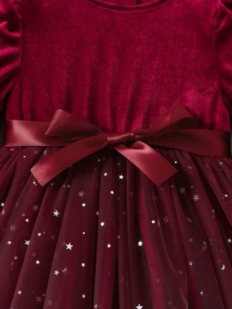 Toddler Girls Burgundy Velvet Sparkling Dress