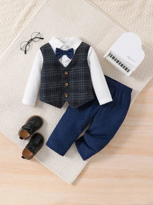 Baby Gentleman Plaid Vest Shirt And Pants Set Blue