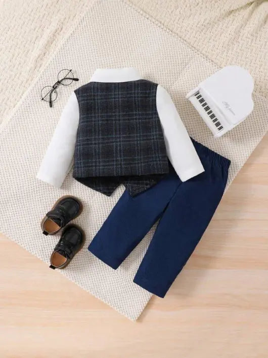 Baby Gentleman Plaid Vest Shirt And Pants Set Blue