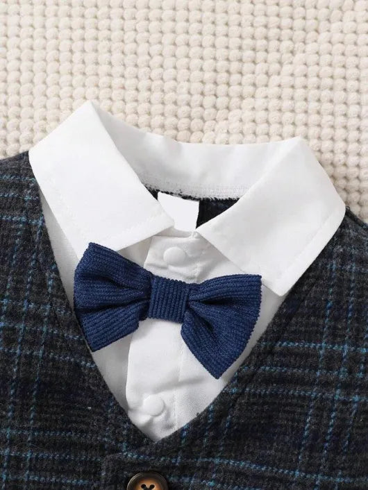 Baby Gentleman Plaid Vest Shirt And Pants Set Blue