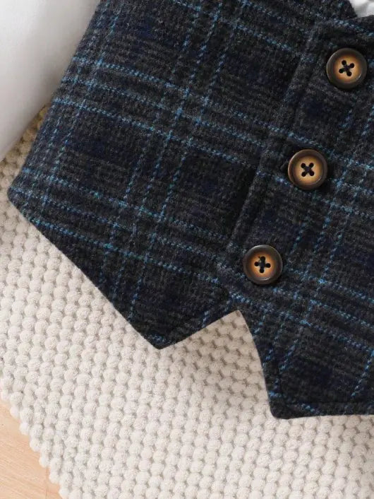 Baby Gentleman Plaid Vest Shirt And Pants Set Blue