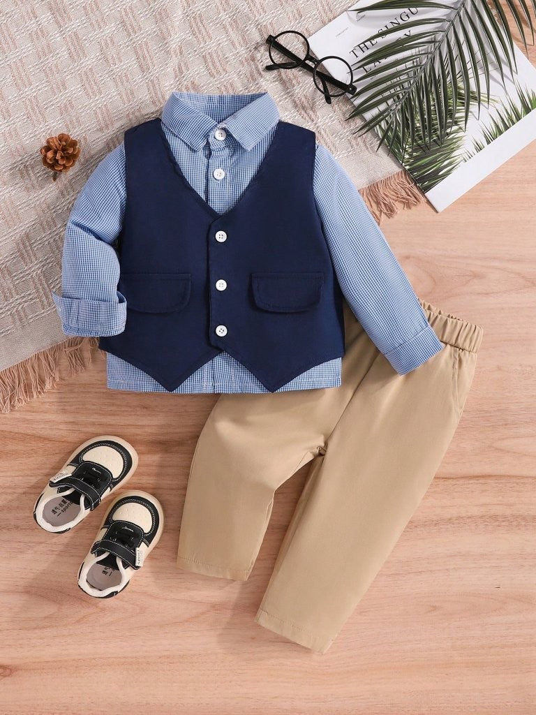 Baby Gentleman Solid Vest Shirt And Pants 3 Piece Set