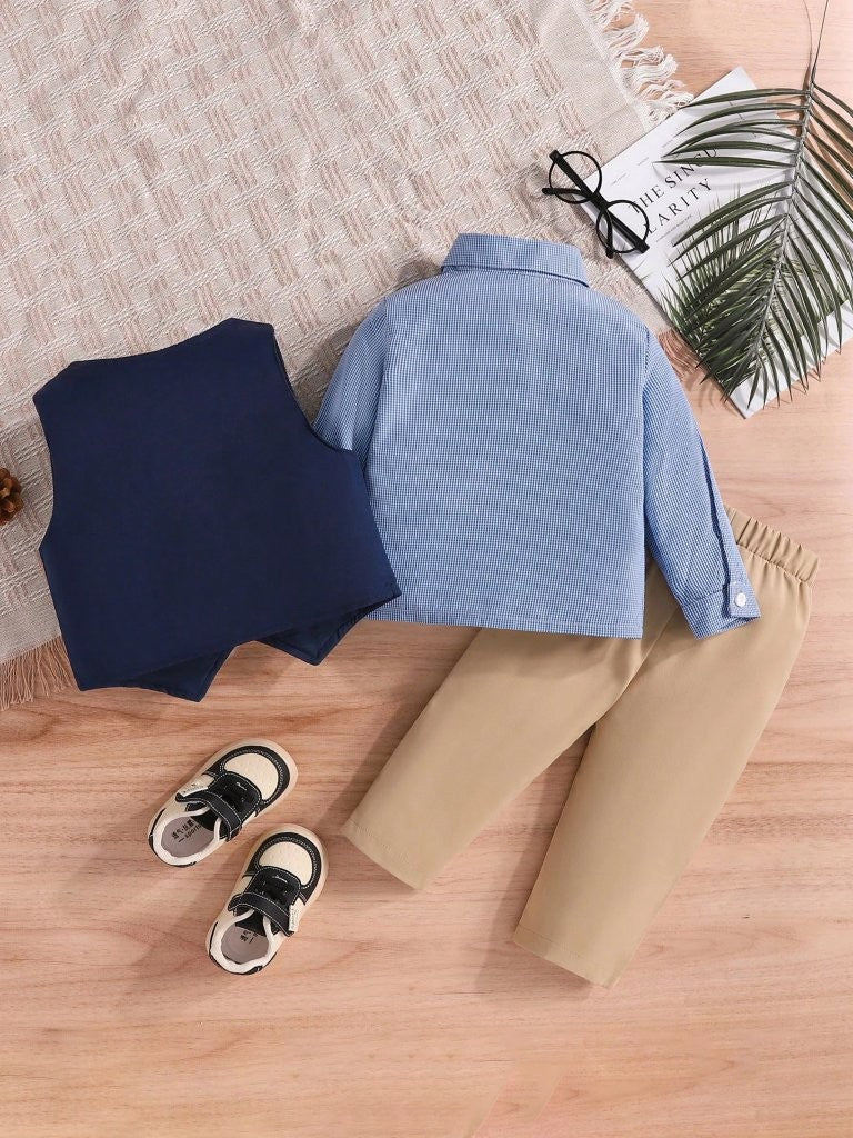 Baby Gentleman Solid Vest Shirt And Pants 3 Piece Set