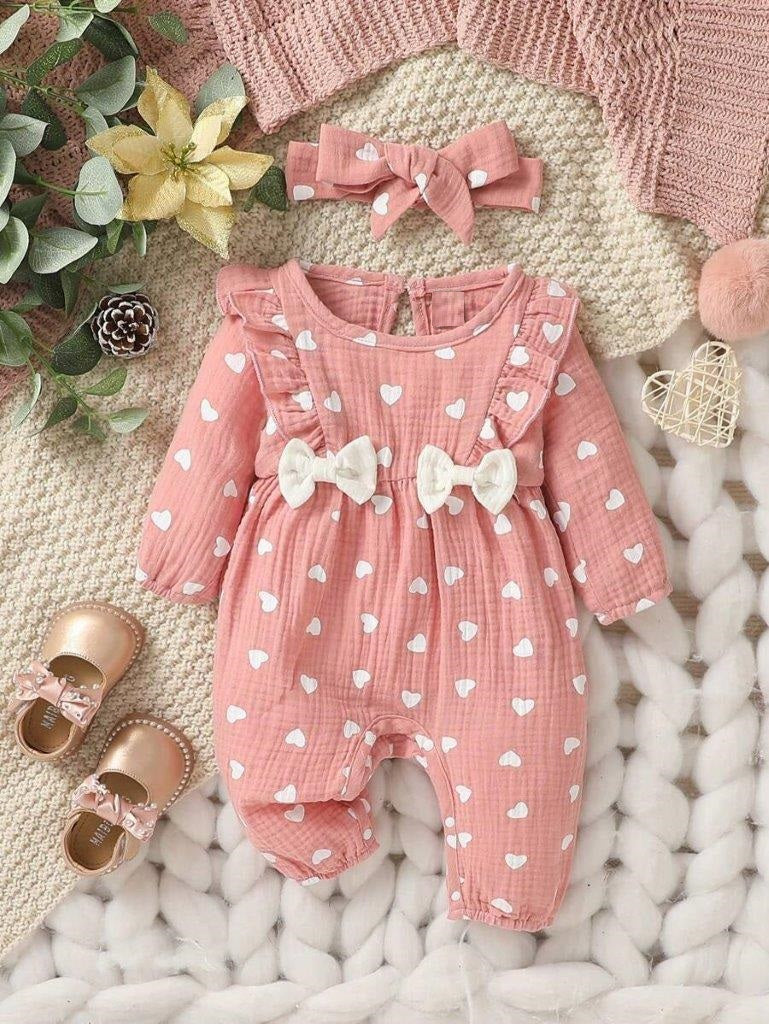Baby Double Bow Heart Romper Set Pink