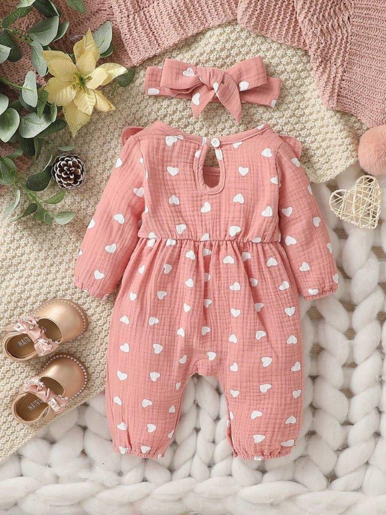 Baby Double Bow Heart Romper Set Pink