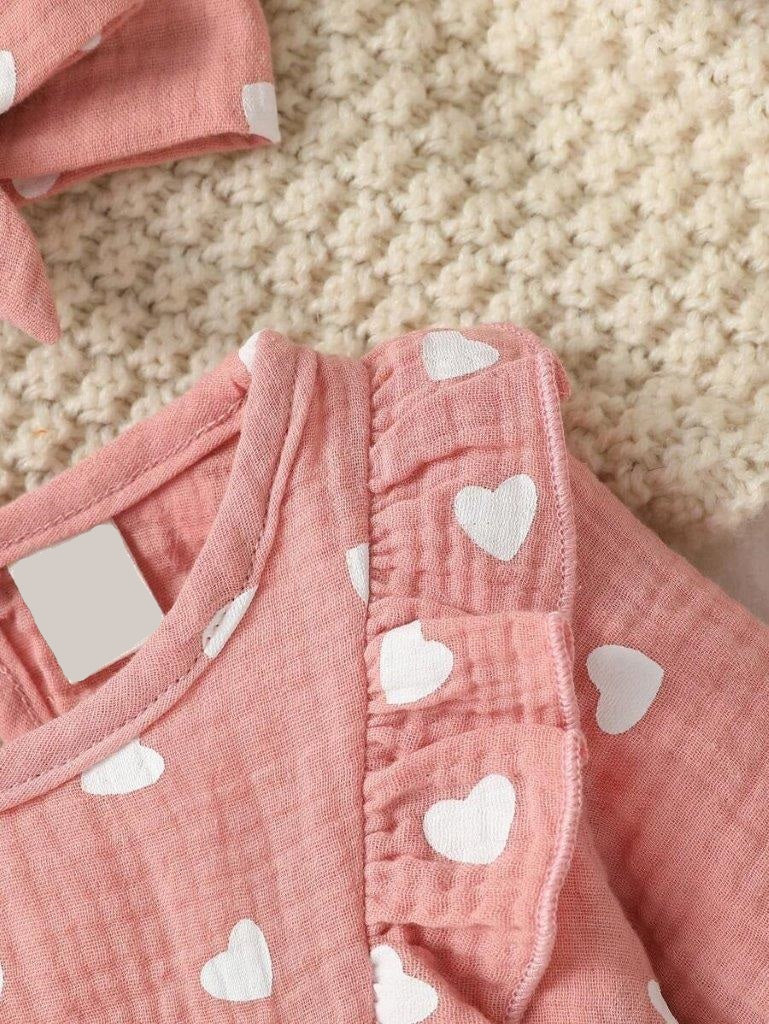 Baby Double Bow Heart Romper Set Pink