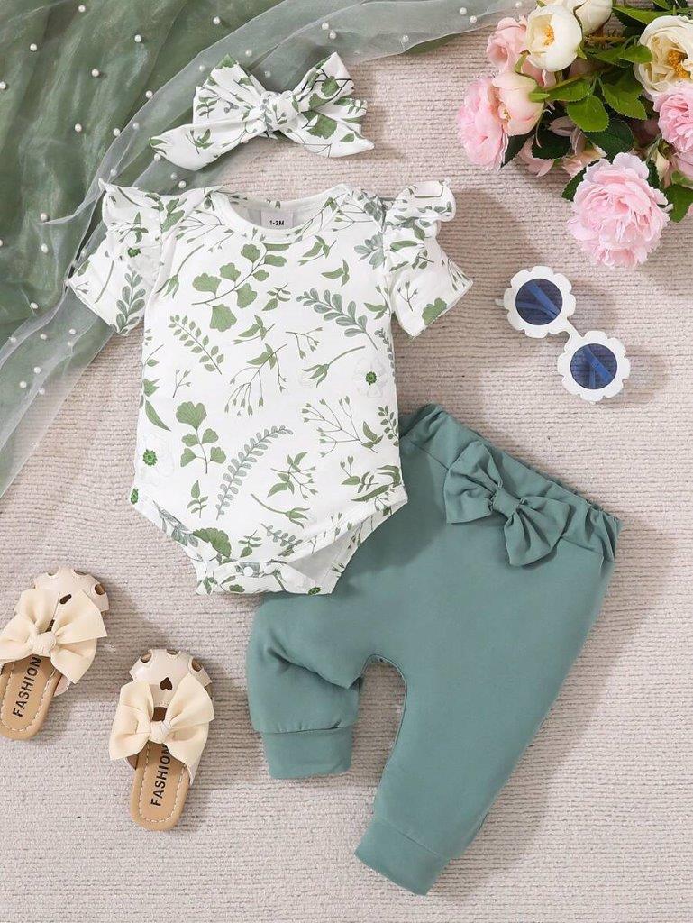 Baby Floral Ruffle Bodysuit And Pants Set Green