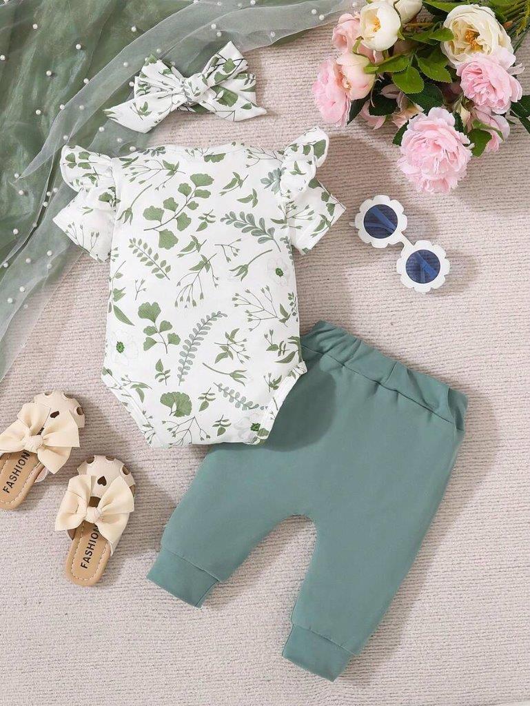 Baby Floral Ruffle Bodysuit And Pants Set Green