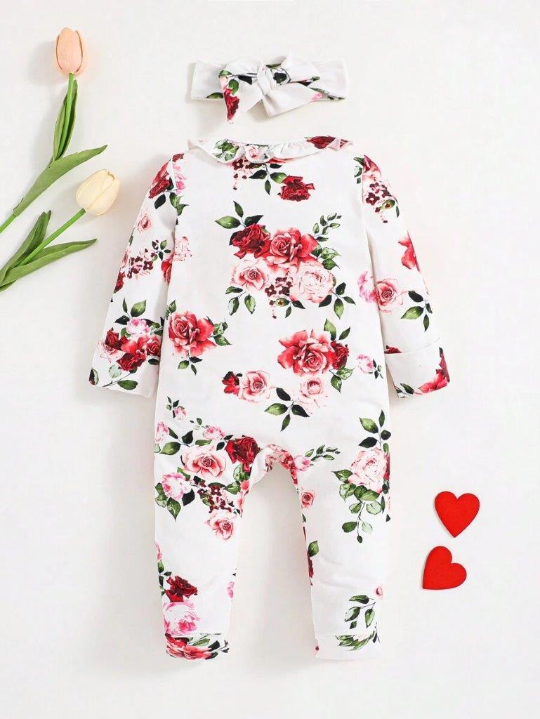 Baby Frilled Neck Rose Jumpsuit Set
