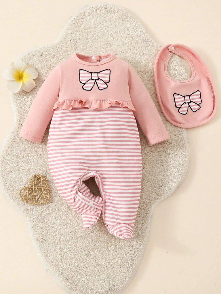 Baby Stripe Bow Jumpsuit Set