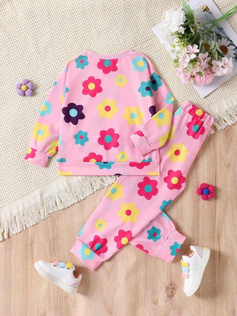 Toddler Girls Flower Print Sweatshirt And Pants Set