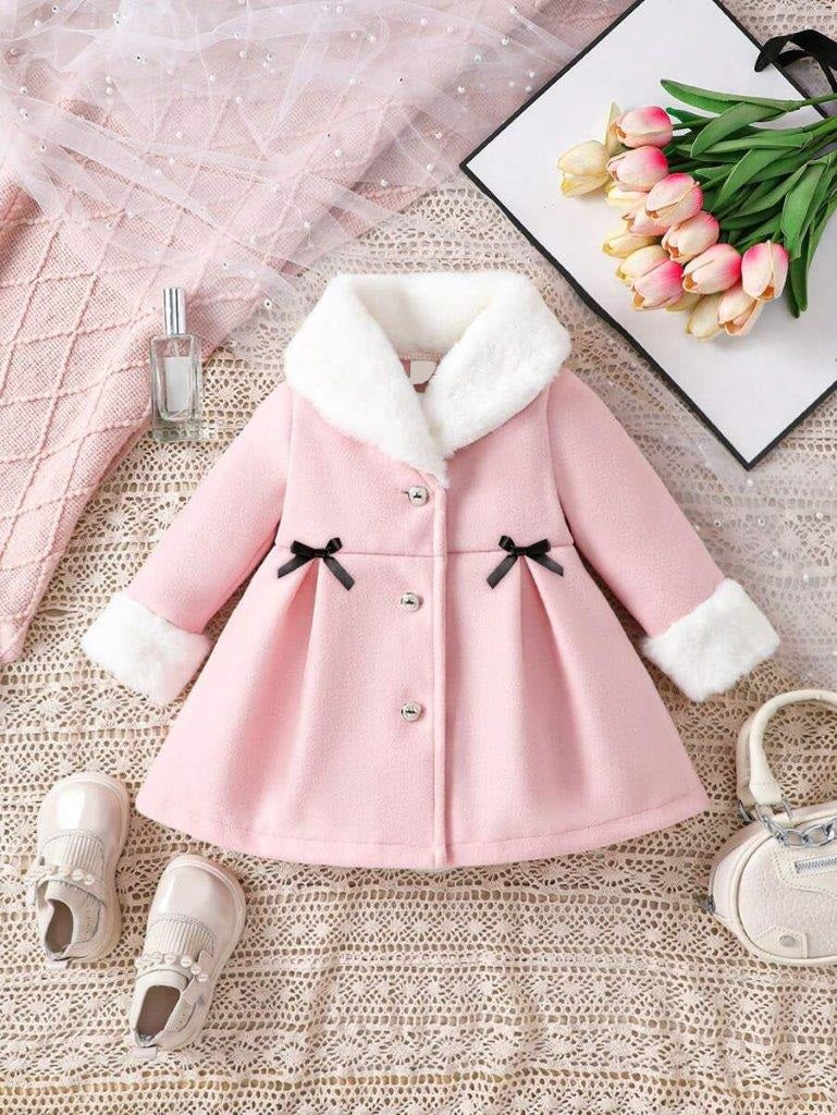 Baby Black Double Bow Fur Collar Coat