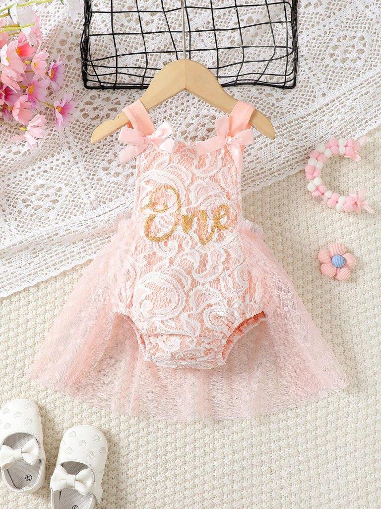Baby Lace Bow One Year Old Birthday Romper