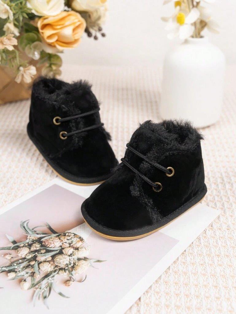 Baby Black Suede Lace Up Fur Ankle Boot