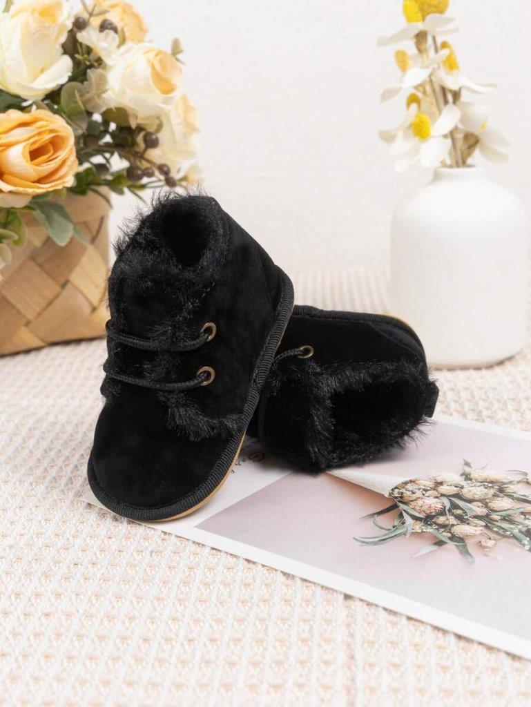 Baby Black Suede Lace Up Fur Ankle Boot