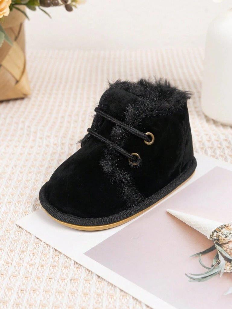 Baby Black Suede Lace Up Fur Ankle Boot