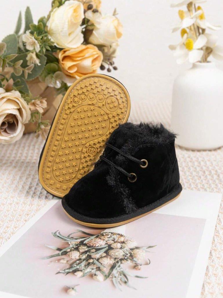 Baby Black Suede Lace Up Fur Ankle Boot