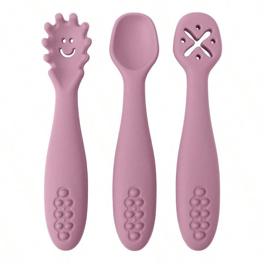 Baby 3 Piece Silicon Spoon Set Rose Red
